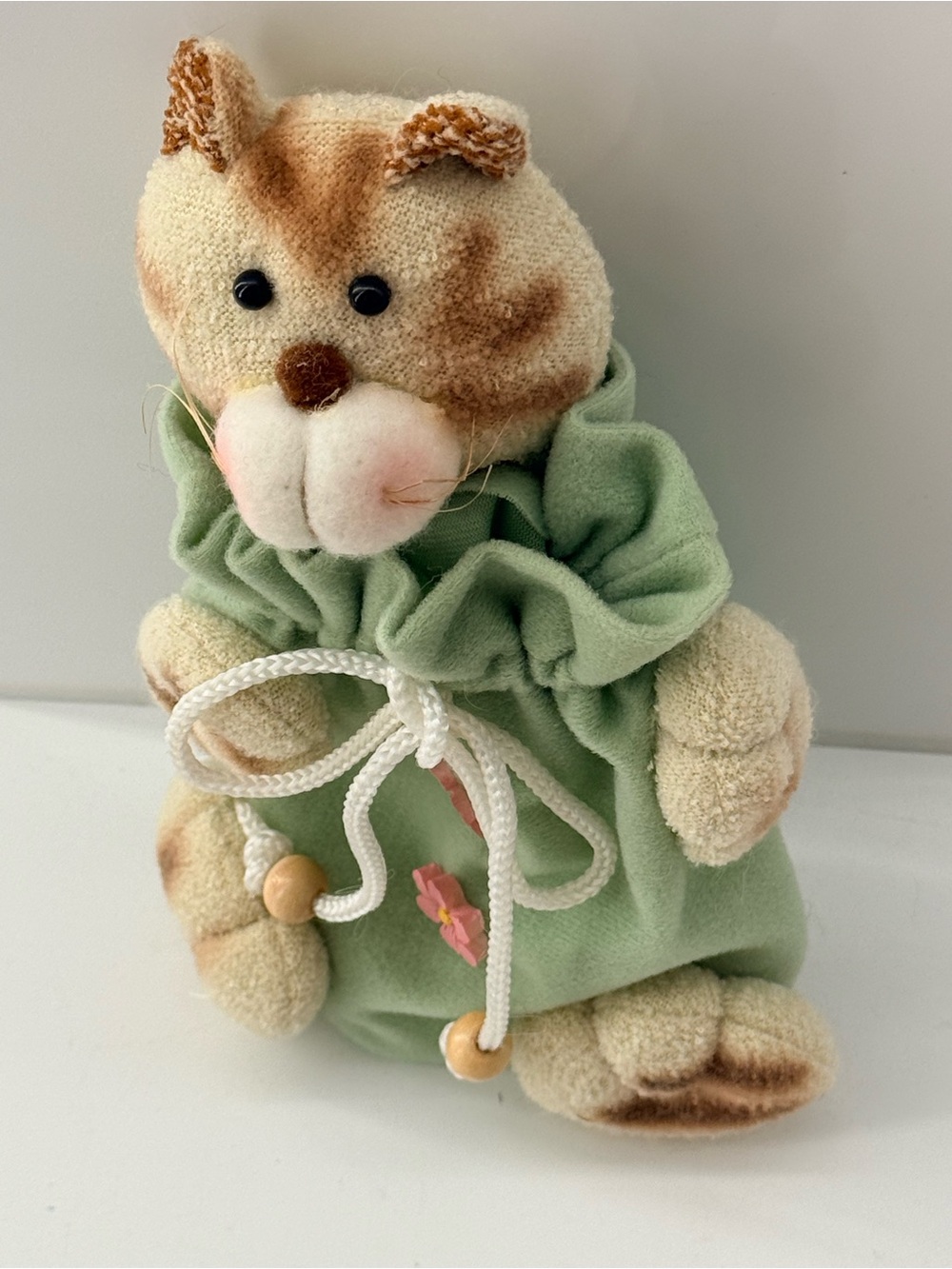 Plush Cat Toy in Sage Green Drawstring Outfit